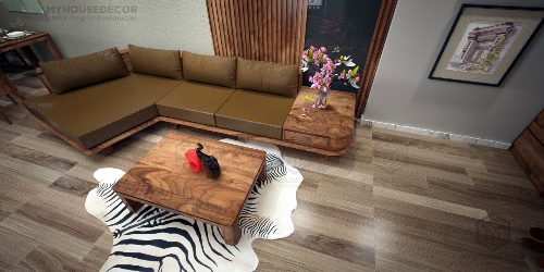 Bộ sofa góc vát và bàn trà. Lâu nay, nội thất MyHouseDecor ưu tiên sử dụng vật liệu gỗ tự nhiên vào trong các thiết kế mang tính hiện đại, đơn giản và sang trọng của mình.